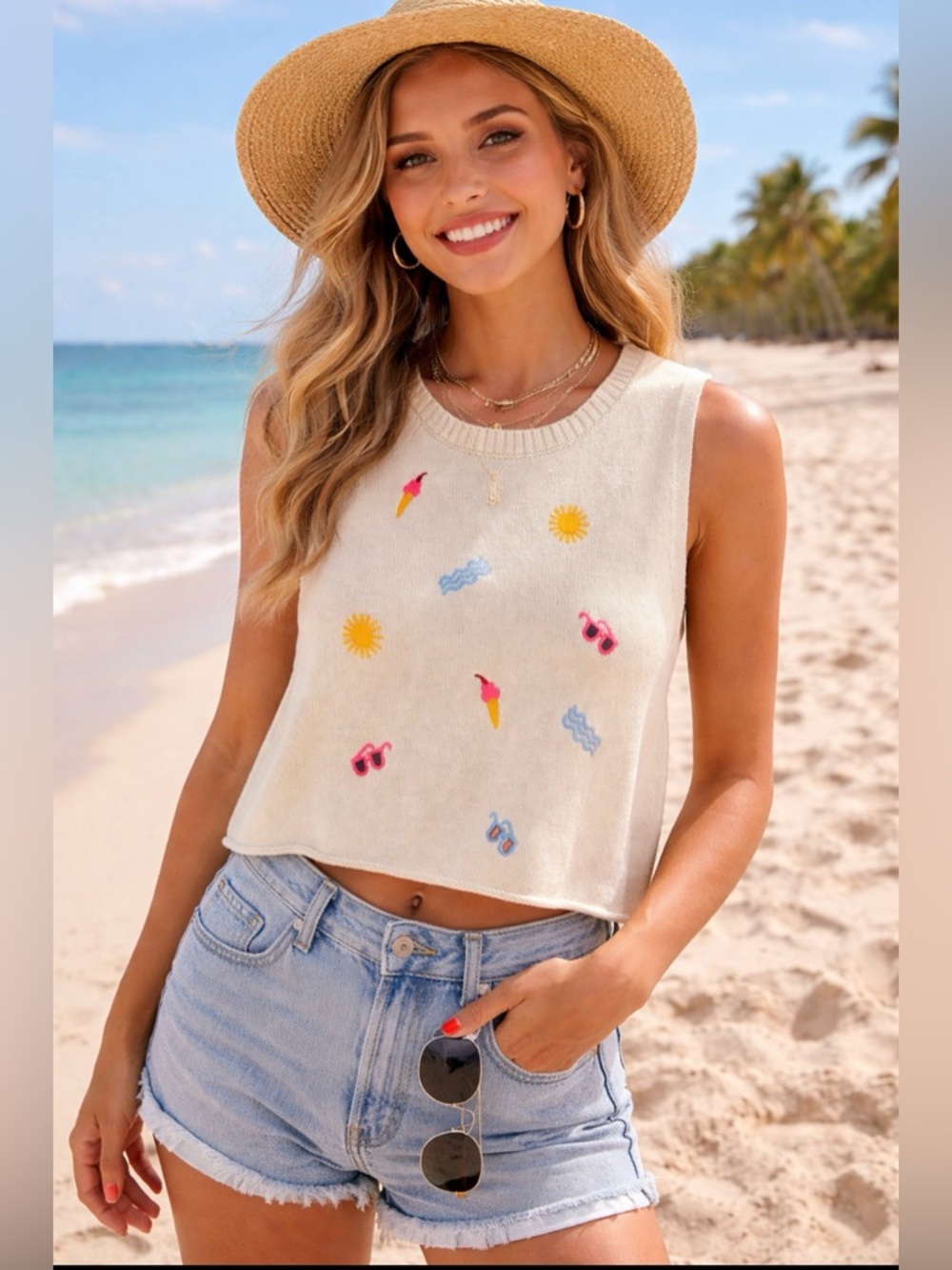 Bouffants & Broken Hearts Sleeveless Embroidered Beach Cropped Sweater Size L